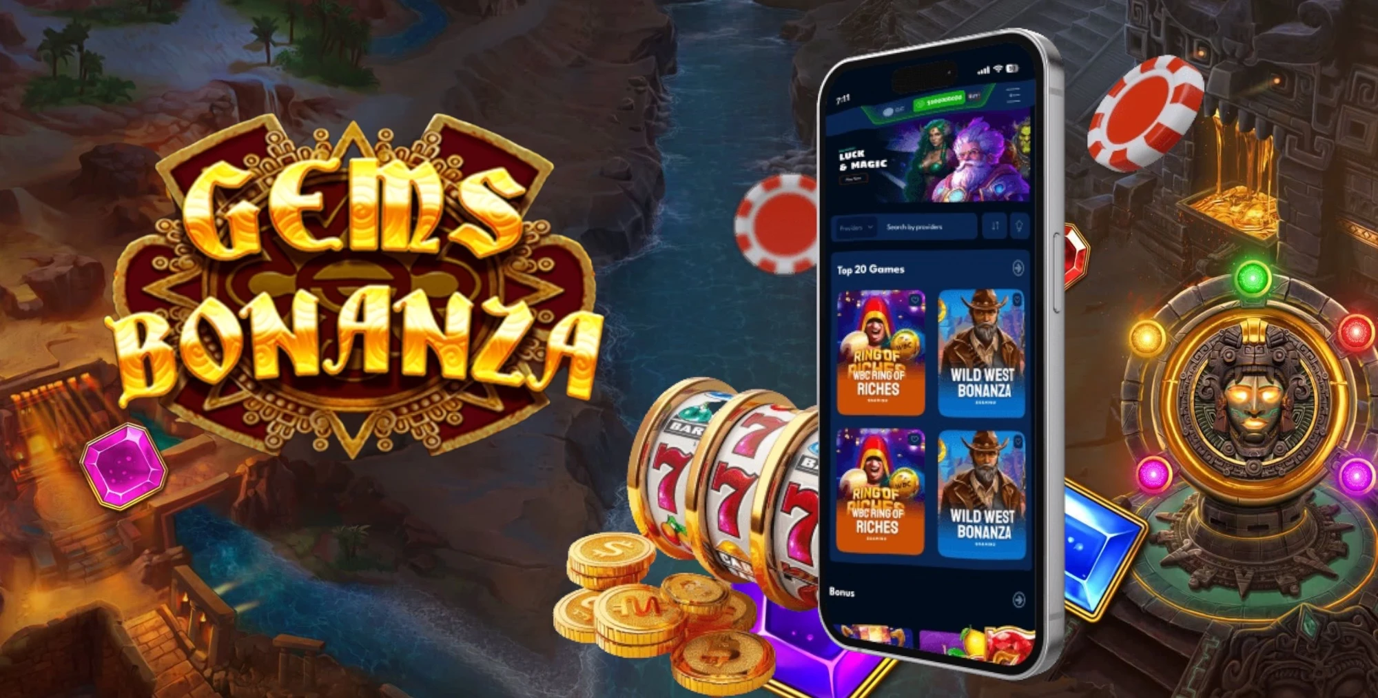 Visão geral da grade 8x8 de Gems Bonanza